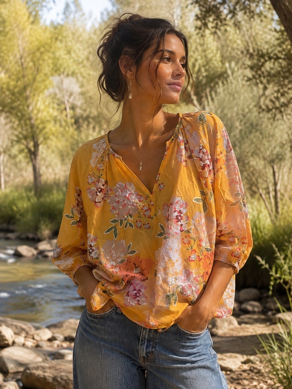 Roller Rabbit Yellow Floral V-Neck Blouse